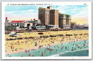 Saint Charles And Breakers Hotels Atlantic City New Jersey Beach Bather Postcard