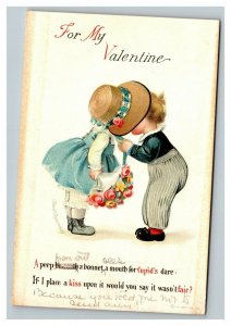 Vintage 1910's Ellen Clapsaddle Valentines Postcard Cute Kids Kiss Nice Flowers