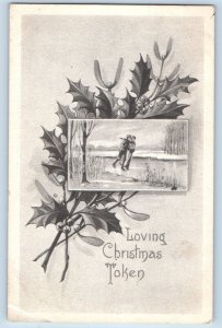 Lewiston Idaho ID Postcard Christmas Holly Berries Couple Skating 1912 Antique