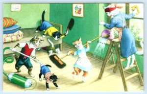 MAINZER DRESSED CATS Cleaning Vacuum #4857 Anthropomorphic Turkey Postcard