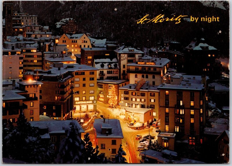 St. Moritz Switzerland by Night mit Languardkette Buildings and Streets Postcard