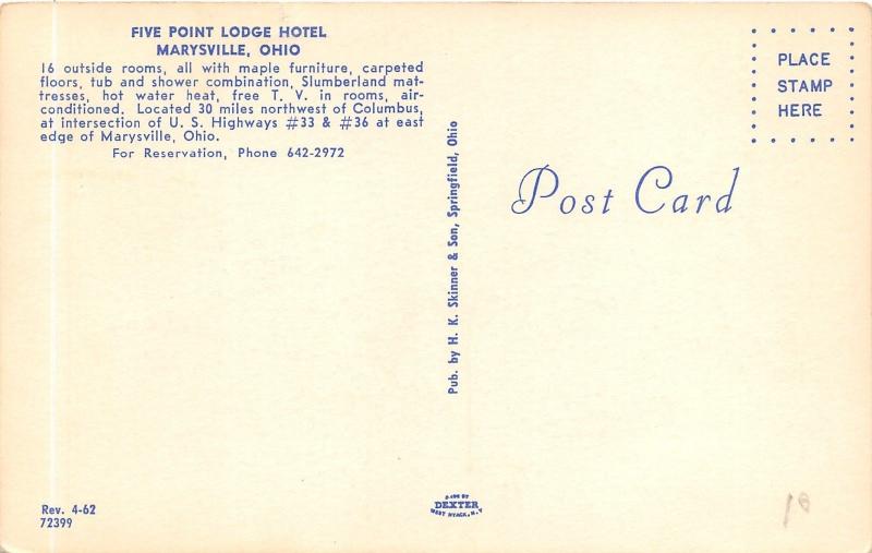 Marysville Ohio~Five Point Lodge Hotel~Chairs in Yard~1950s Postcard