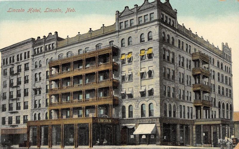 Lincoln Nebraska~Lincoln Hotel~Signs in Windows~People Sitting~White Horses~1910