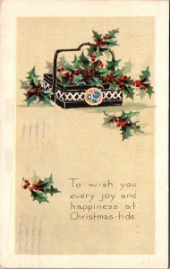 Postcard 1919 Christmas Holly Basket Greetings Gibson Art