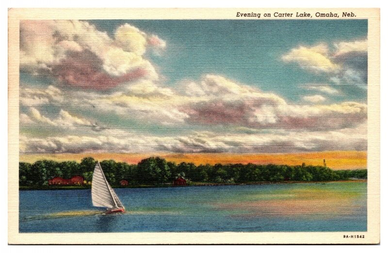 VTG Evening on Carter Lake, Sailboat, Scenic Landscape, Omaha, NE Postcard