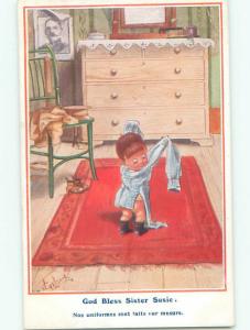 1916 foreign signed CUTE FRENCH GIRL TRIES ON ADULT CLOTHING k6771