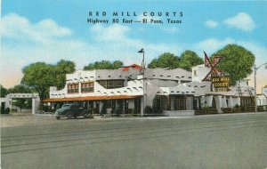 Auto El Paso Texas 1940s Red Mill Courts Postcard roadside Kropp linen 8704