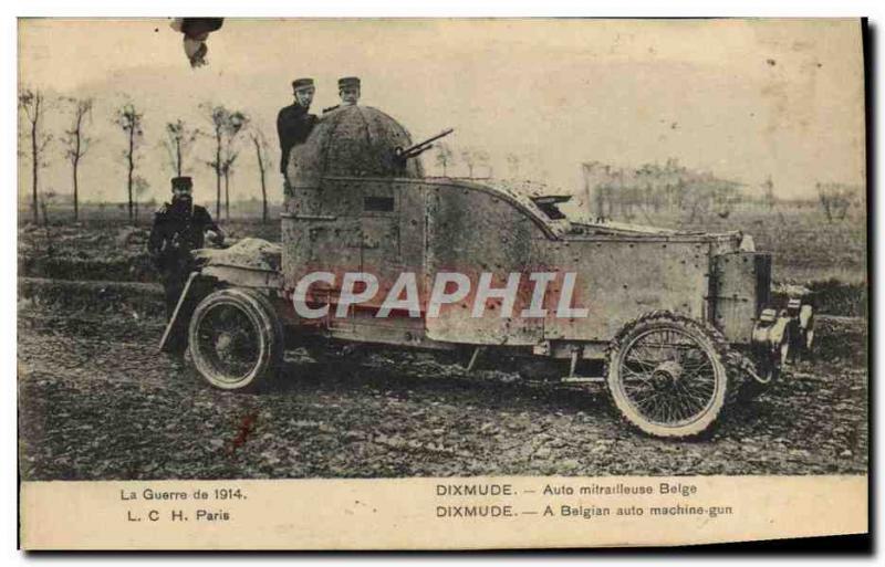 Postcard Old Army Tank Auto Dixmude Belgian machine gun