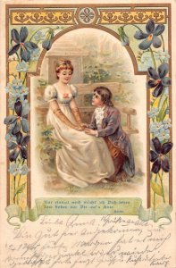 Idyll Couple Wedding 1904 Violet and Forget-me-not Flowers embossed postcard