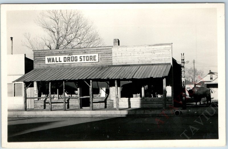 c1940s Wall, SD. RPPC Drug Store Street View Totem Pole Buffalo Ted Hustead A209