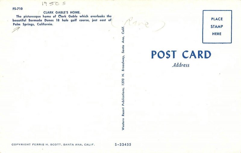 1950s Palm Springs California Clark Gables Bermuda Dunes Home Postcard 24-10797
