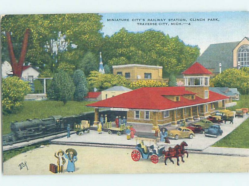 Linen MINIATURE CITY TRAIN STATION CLINCH PARK Traverse City Michigan MI AE8619