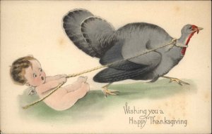 Thanksgiving Fantasy Cherub Hanging on to Fleeing Turkey c1910 Postcard