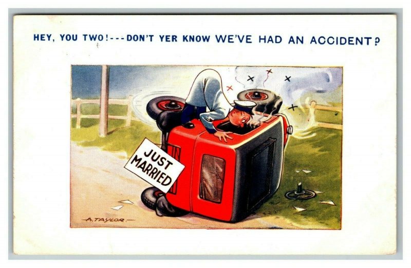 Vintage 1937 Comic Postcard - Just Married Couple Accident while Amourous in Car Topics - Cartoons and Comics photo