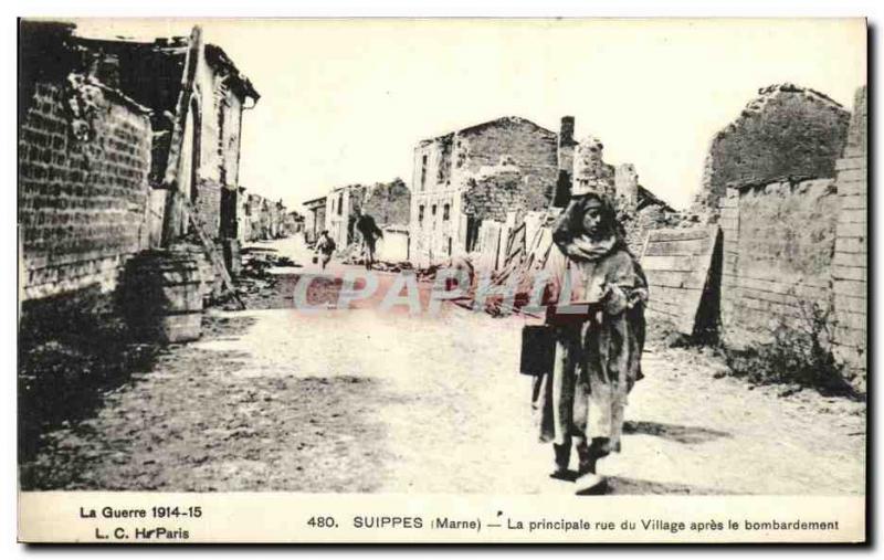 Old Postcard Army War Suippes The Village Main Street after the Bombing