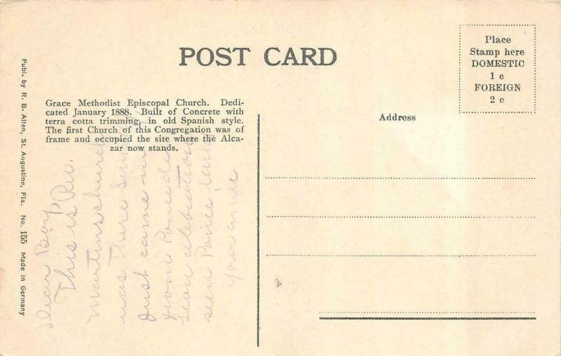ST AUGUSTINE, FL Florida   GRACE METHODIST EPISCOPAL CHURCH   c1910's Postcard