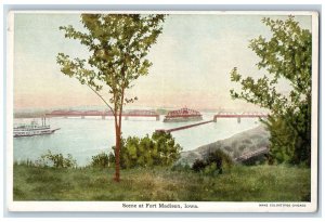 c1950 Scene Bridges Passenger Ferry Boat Trees At Fort Madison Iowa IA Postcard