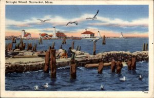 Nantucket Massachusetts Seagulls Straight Wharf c1930-50s Vintage Postcard