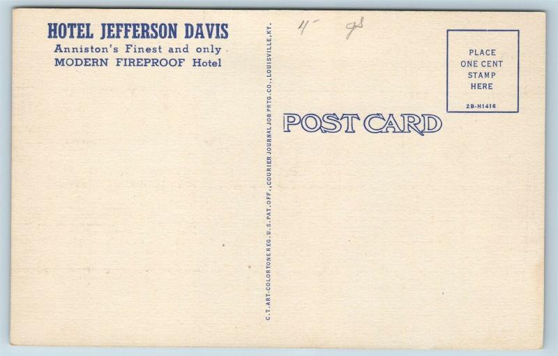 Postcard AL Anniston Hotel Jefferson Davis Multiview Lobby Exterior Linen Q12