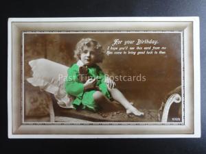 Birthday Greetings shows SMALL CHILD & TEDDY BEAR c1910 Old RP Postcard
