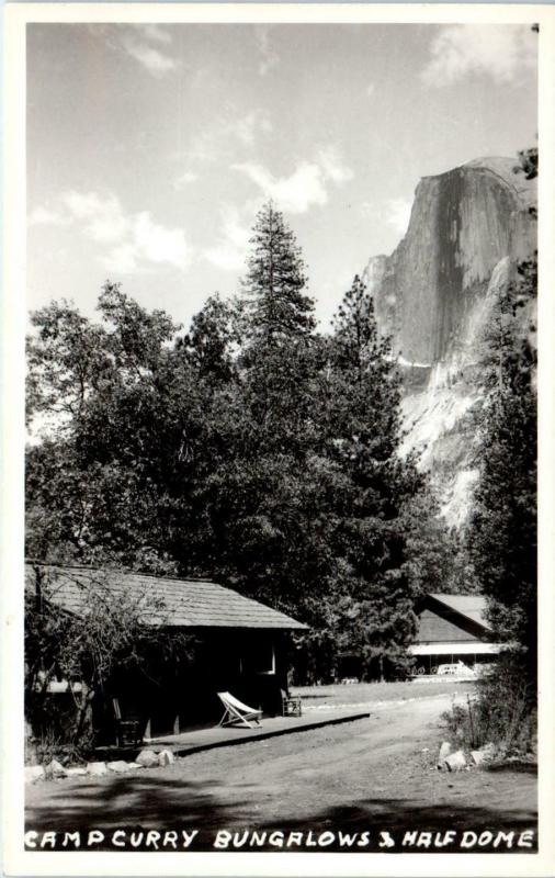 RPPC YOSEMITE NATIONAL PARK, CA Camp Curry BUNGALOWS & HALF DOME c1940s Postcard