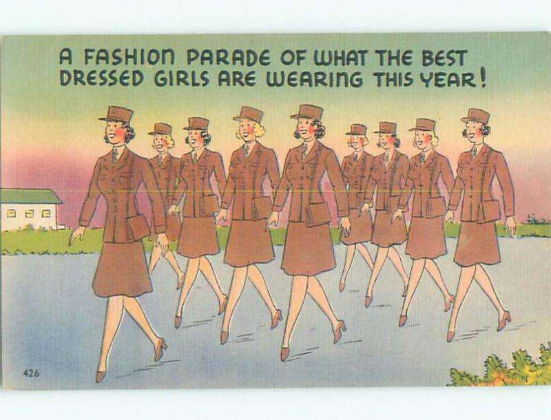 Unused Linen comic SUFFRAGE INTEREST - LINE OF WOMEN IN ARMY k3456-26