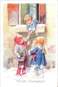 Germany HAPPY NEW YEAR Children In Snow~Herzliche Neujahrsgrüße ca1920s Postcard
