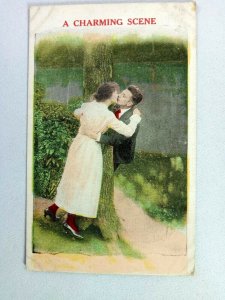 Vintage Postcard A Charming Scene Man & Woman Kissing under Tree