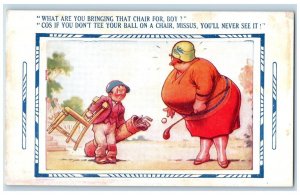 c1910's Fat Woman Golfing Boy Holding Chair Bamforth Unposted Antique Postcard