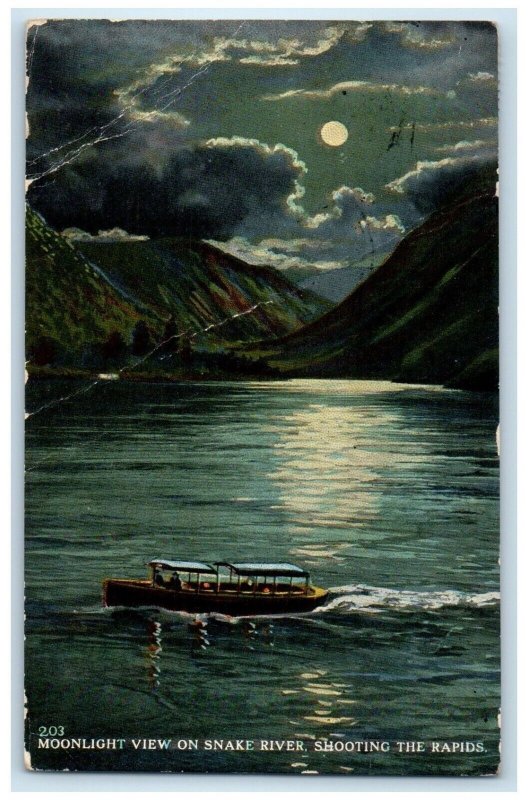 1913 Moonlight View On Snake River Shooting The Rapids Boat Idaho ID Postcard