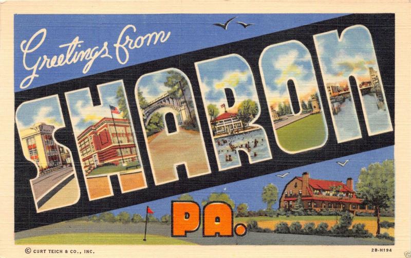 SHARON PENNSYLVANIA LOT OF 2 POSTCARD 1940s NIGHT SHENANGO RIVER & LARGE LETTER