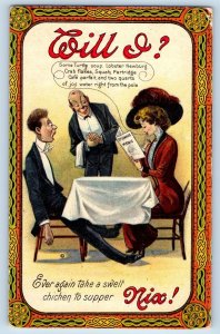 Will I Nix Postcard Pretty Woman With St Soakus Menu Ordering Food c1910's