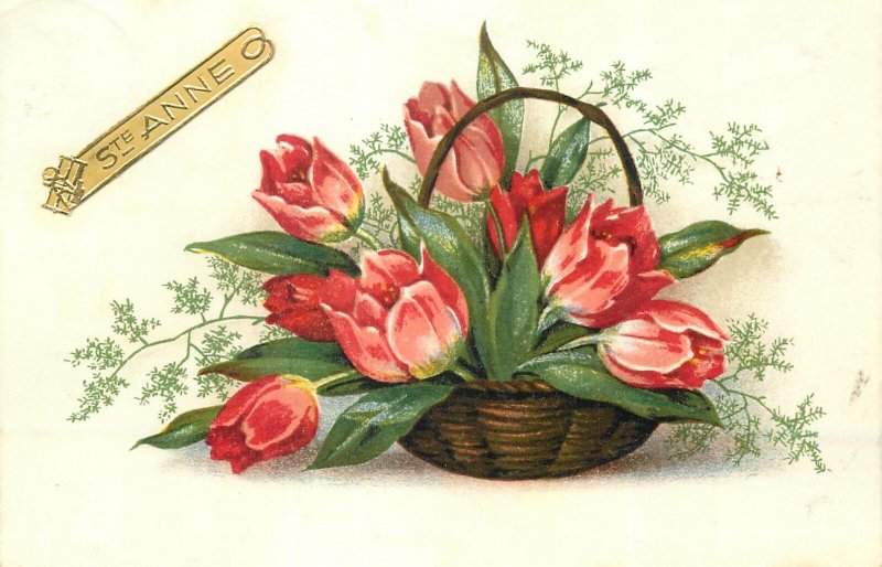 Postcard Holidays France basket flowers tulips decoration bouquet