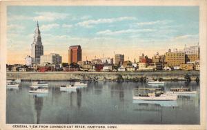 HARTFORD CONNECTICUT GENERAL VIEW FROM RIVER~BOATS~SKYLINE POSTCARD 1920s