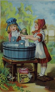 1870's-80's Ivorine Cleanser Two Girls Washing Doll Kittens Playing Washtub F96