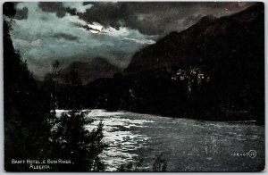 Banff Hotel And Bow River Alberta Canada Moonlight View Postcard