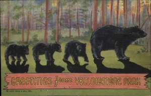 Yellowstone Park Wyoming WY Black Bear Mom and Cubs Linen Vintage Postcard