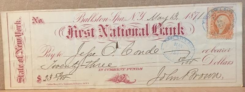 1871 First National Bank Ballston Spa NY Cancelled Check 2 Cent IRS Stamp