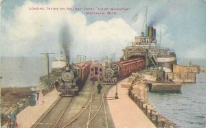 Postcard Michigan Mackinaw Loading Trains Railway Ferry Chief Wawatham 23-7011