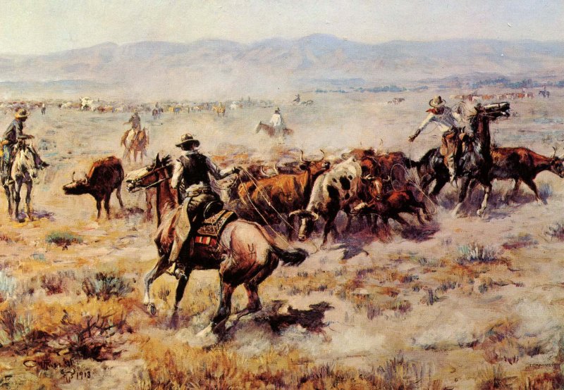 Western (US) -  Roundup  Artist:  Charles Marion Russell       (4 X 6)