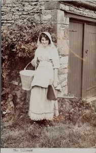 Portrait of Young Woman Girl Lady Bucket Milking Cows ?? Real Photo Postcard E88