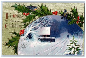 Christmas Postcard Song Birds Holly Berries Winter Scene Embossed c1910's Posted