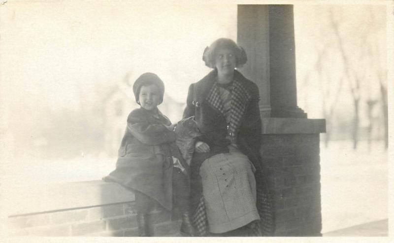 RPPC Winter Scene 1914 Brother and Sister on Porch Bundled Up B&W Postcard