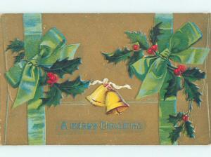 Pre-Linen christmas GOLDEN BELLS GREEN RIBBON AND HOLLY HQ6176