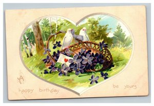 Vintage 1910's Tuck's Birthday Postcard Two Doves Note Basket Purple Flowers