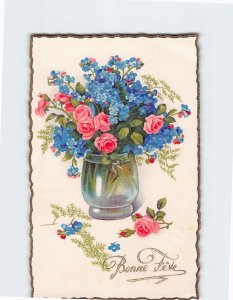 Postcard Beautiful Flowers on a Vase Bonne Fête Card