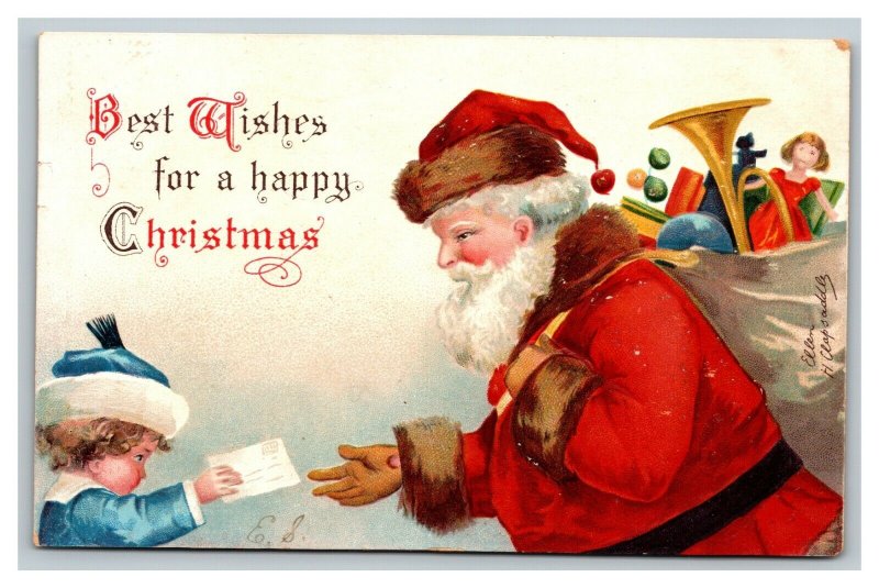 Vintage 1907 Ellen Clapsaddle Christmas Postcard Cute Girl Gives Santa Her List