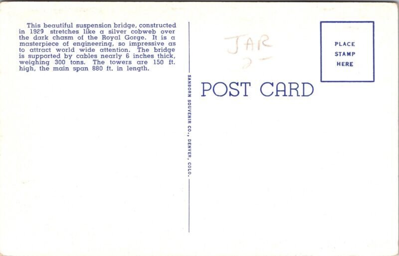 Worlds Highest Bridge Royal Gorge Colorado Co Suspension  Postcard