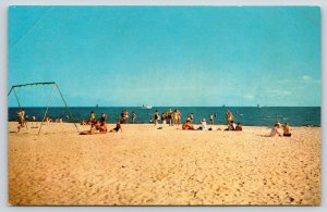 Mississippi Gulf Coast~Bathers on Beach~Swingset~Fishing Boats~Whitecaps~1960s