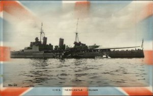 British Navy Battleship Flag Union Jack Real Photo Postcard HMS Newcastle